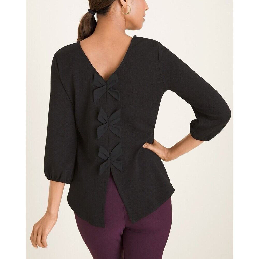 Chico's Size 2 US L 12 Bow Back Top Black V-Neck Stretchy Elastic Cuff Blouse